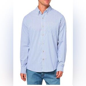Eddie Bauer Men's White and Blue Striped Shirt
